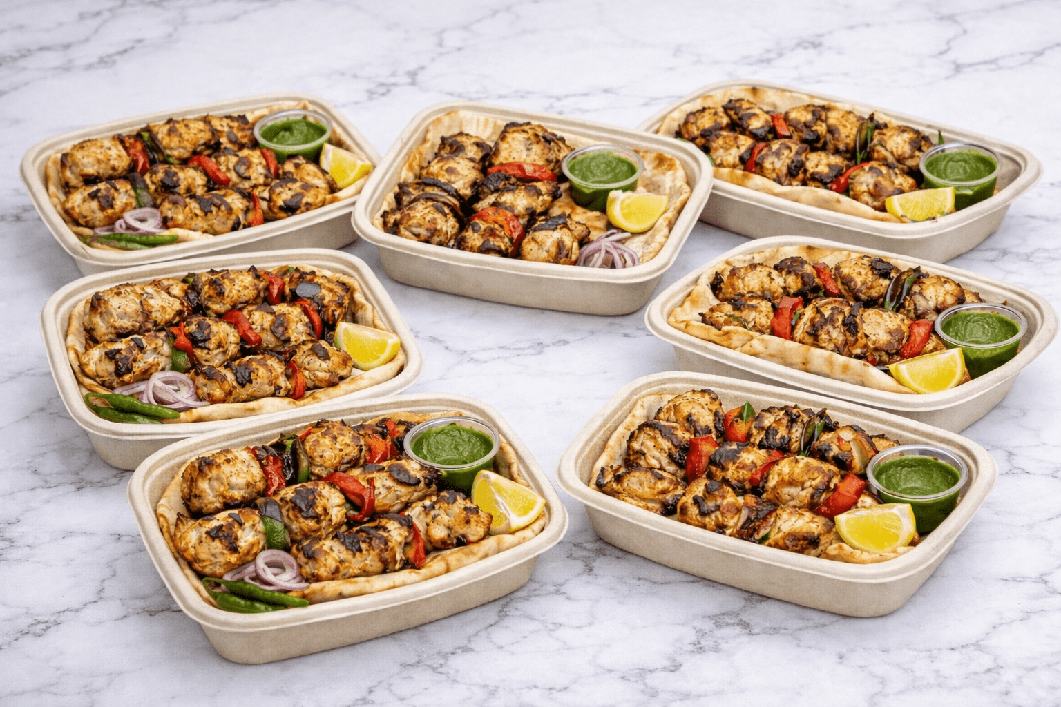 SKEWERBROS flame-grilled chicken kebab meal containers with fresh pita, vegetables, and green chutney